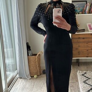 VINTAGE Tadashi 80’s Black Beaded Gown w/Cutouts, Open Back and Front Slit